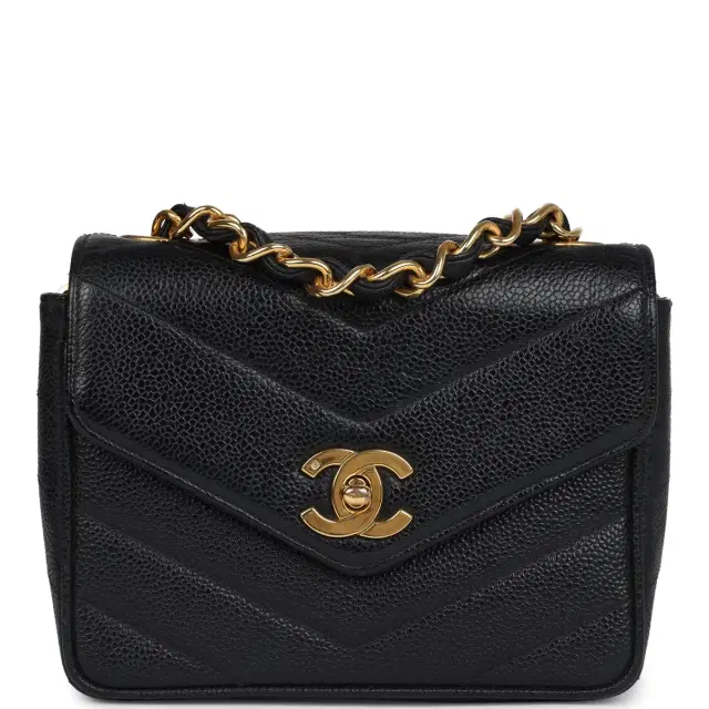Chanel Vintage Chanel Square Chevron Envelope Flap Bag Black Caviar Gold Hardware