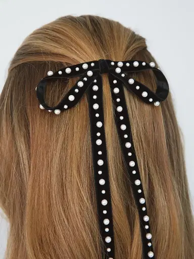 Jennifer Behr Women's Annalee Velvet Faux Pearl Bow Barrette | Thumbnail 3 Jennifer Behr Women's Annalee Velvet Faux Pearl Bow Barrette | Thumbnail 3