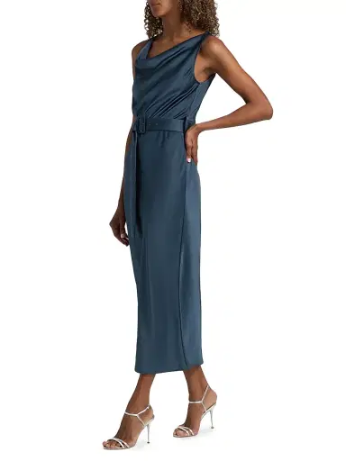 LAPOINTE Women's Satin Belted Cowlneck Midi-Dress - Marine | Thumbnail 2