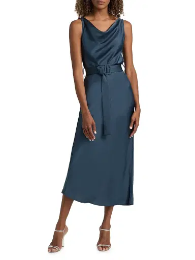 LAPOINTE Women's Satin Belted Cowlneck Midi-Dress - Marine | Thumbnail 3