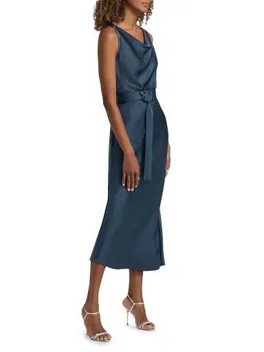 LAPOINTE Women's Satin Belted Cowlneck Midi-Dress - Marine | Thumbnail 4