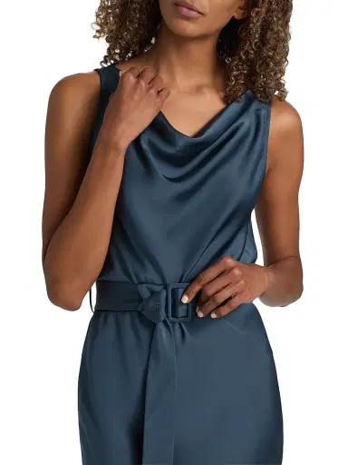 LAPOINTE Women's Satin Belted Cowlneck Midi-Dress - Marine | Thumbnail 6