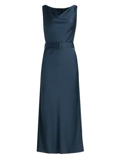 LAPOINTE Women's Satin Belted Cowlneck Midi-Dress - Marine | Thumbnail 1