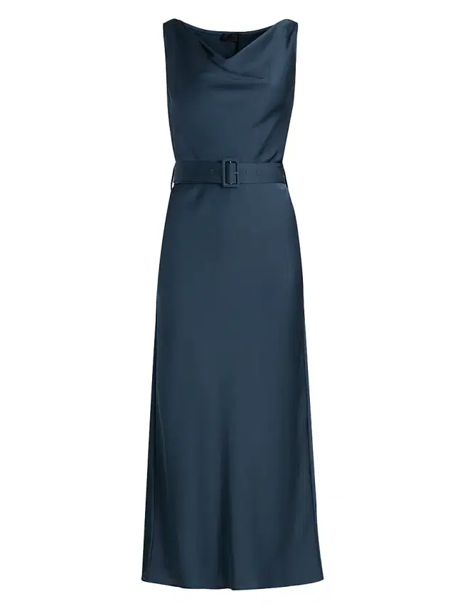 LAPOINTE Women's Satin Belted Cowlneck Midi-Dress - Marine