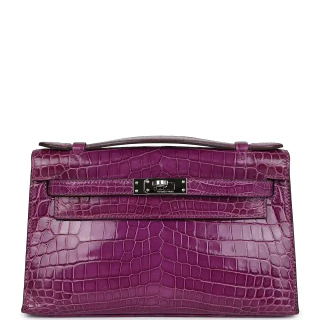hermes Pre-owned Hermes Kelly Pochette Violet Shiny Niloticus Crocodile Palladium Hardware