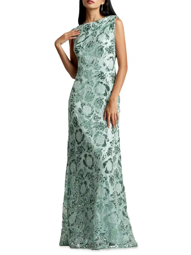 Women's Boat Neck Floral Lace Sequin Gown - Frosted Jade