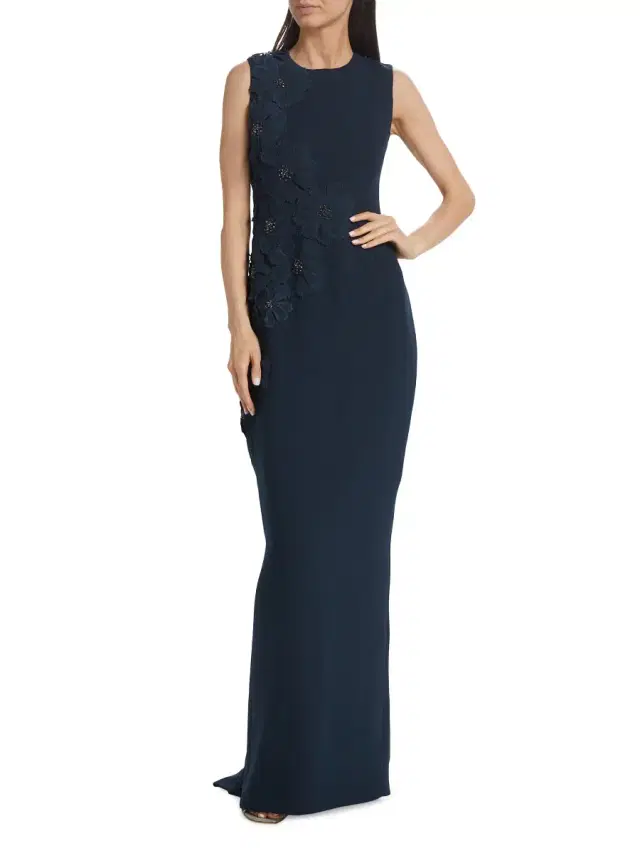 Women's Sleeveless Floral Appliqué Gown - Navy Black Diamond