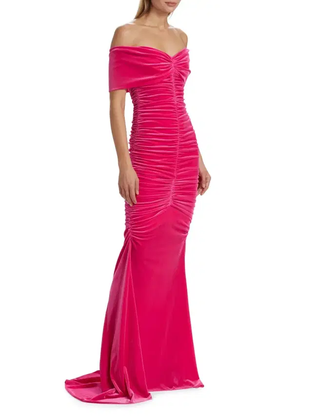Monique Lhuillier Women's Ruched Off-The-Shoulder Gown - Fuchsia