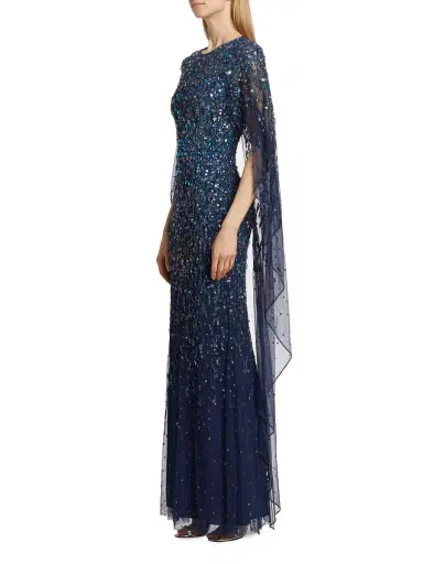 Jenny Packham Women's Delphine Tulle Cape-Sleeve Beaded Gown - Squid Ink | Thumbnail 3 Jenny Packham Women's Delphine Tulle Cape-Sleeve Beaded Gown - Squid Ink | Thumbnail 3