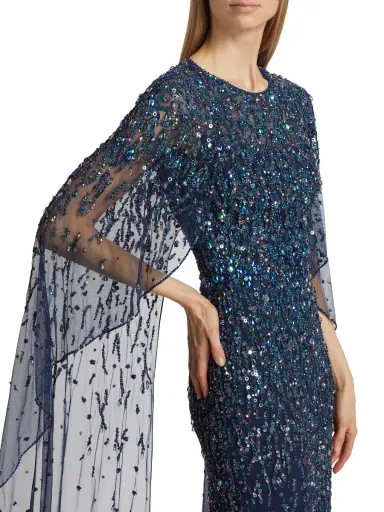 Jenny Packham Women's Delphine Tulle Cape-Sleeve Beaded Gown - Squid Ink | Thumbnail 5 Jenny Packham Women's Delphine Tulle Cape-Sleeve Beaded Gown - Squid Ink | Thumbnail 5