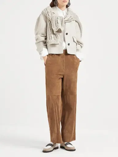 Brunello Cucinelli Women's Suede Cropped Chino Trousers - Brown | Thumbnail 5