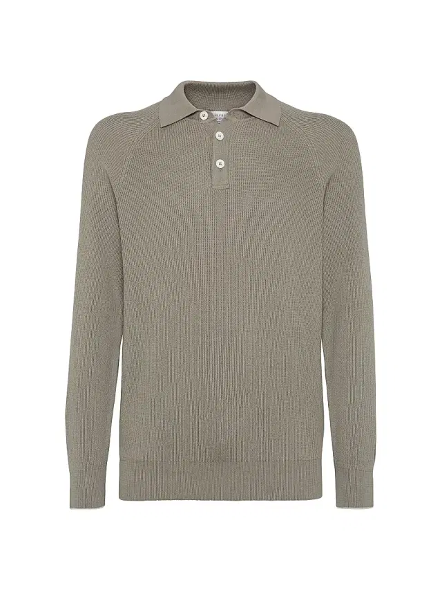 Men's Cotton English Rib Knit Polo Shirt with Long Raglan Sleeves - Khaki
