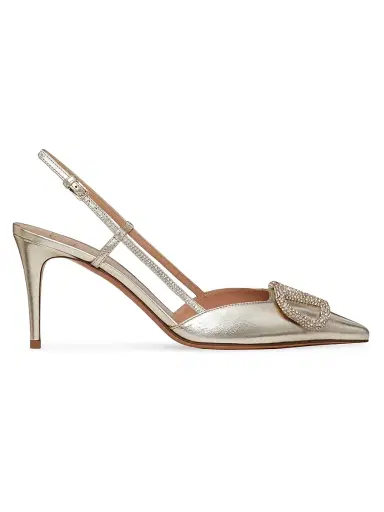 Valentino Garavani Women's VLogo Glow Laminated Nappa Slingback Pumps 80MM - Platinum - Size 12 | Thumbnail 1