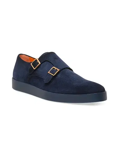 Santoni Men's Atlantis Suede Double Monk Strap Shoes - Blue | Thumbnail 2 Santoni Men's Atlantis Suede Double Monk Strap Shoes - Blue | Thumbnail 2