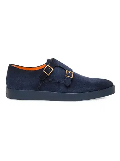 Santoni Men's Atlantis Suede Double Monk Strap Shoes - Blue | Thumbnail 1 Santoni Men's Atlantis Suede Double Monk Strap Shoes - Blue | Thumbnail 1