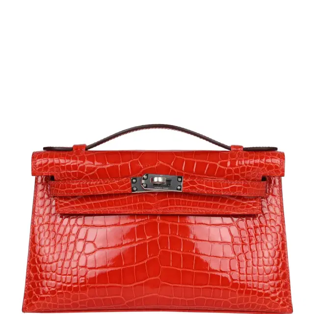 hermes Hermes Kelly Pochette Orange Poppy Shiny Alligator Mississippiensis Palladium Hardware