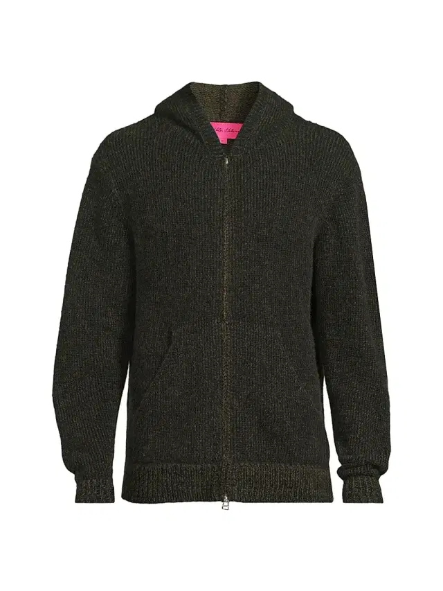 Men's Rib-Knit Cashmere Zip Hoodie - Black New Olive
