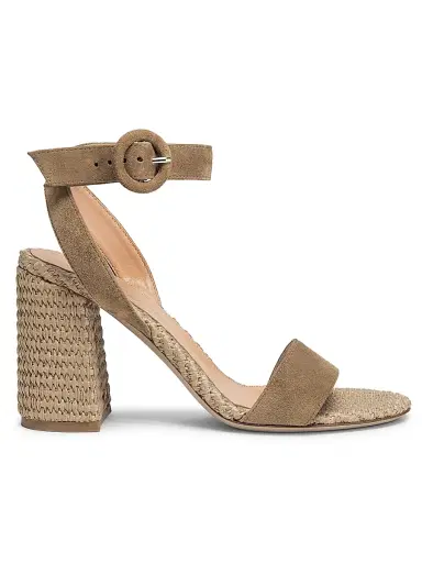 Gianvito Rossi Women's Marbella 85MM Raffia-Trimmed Suede Sandals - Camel Natural - Size 12 | Thumbnail 1