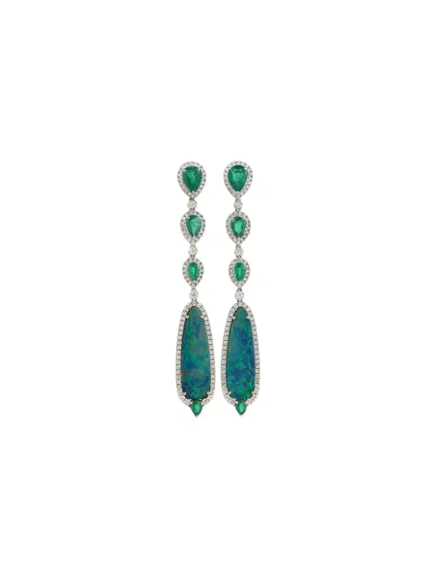Wish Fine Jewelry 9.47ct Opal Emerald Diamond 18K Gold Dangle Drop Earrings