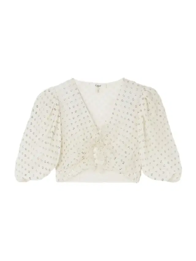 Cropped Ruffled Gathered Metallic Polka-dot Silk-blend Top