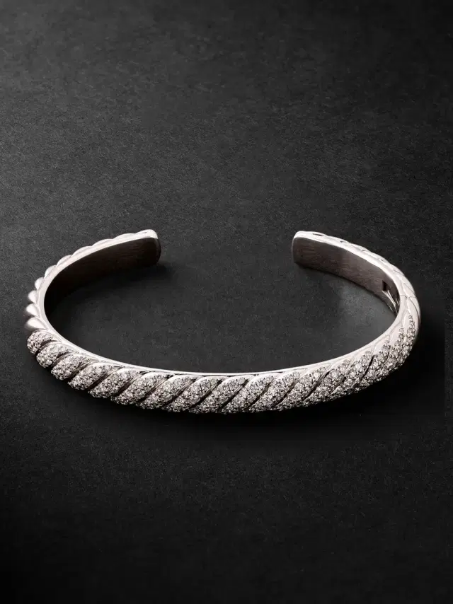 David Yurman Sculpted Cable 18-Karat White Gold Diamond Cuff - Men