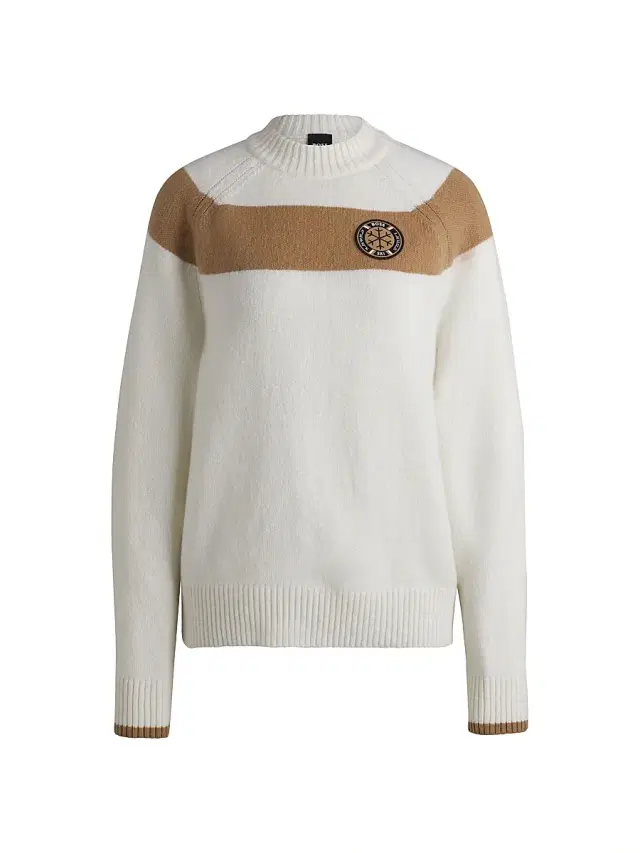 Women's Ski Virgin-Wool Sweater with Camel Stripes - Natural