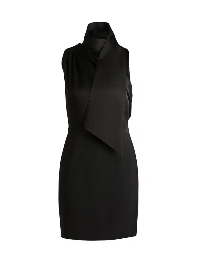 Women's Sleeveless Dress with Asymmetric V Neckline and Shawl Detail - Black