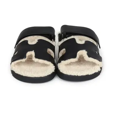 HERMÈS Hermes Chypre Techno Sandals Black and Ecru Shearling Palladium Hardware EU | Thumbnail 2