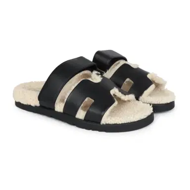 HERMÈS Hermes Chypre Techno Sandals Black and Ecru Shearling Palladium Hardware EU | Thumbnail 3