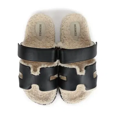 HERMÈS Hermes Chypre Techno Sandals Black and Ecru Shearling Palladium Hardware EU | Thumbnail 7