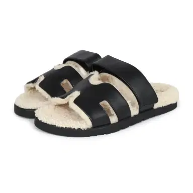 HERMÈS Hermes Chypre Techno Sandals Black and Ecru Shearling Palladium Hardware EU | Thumbnail 1