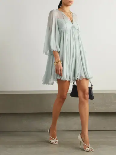 Chloé Tie-detailed Plissé-silk Mousseline Mini Dress | Thumbnail 2 Chloé Tie-detailed Plissé-silk Mousseline Mini Dress | Thumbnail 2