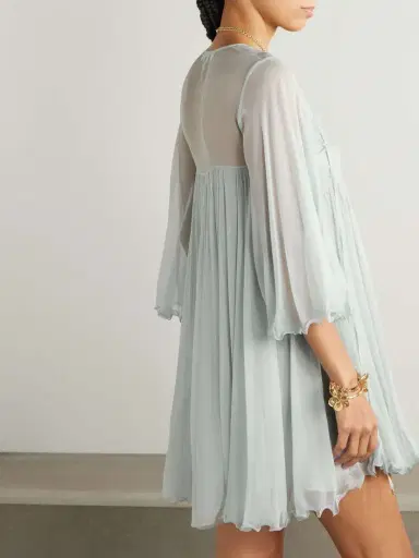Chloé Tie-detailed Plissé-silk Mousseline Mini Dress | Thumbnail 3 Chloé Tie-detailed Plissé-silk Mousseline Mini Dress | Thumbnail 3