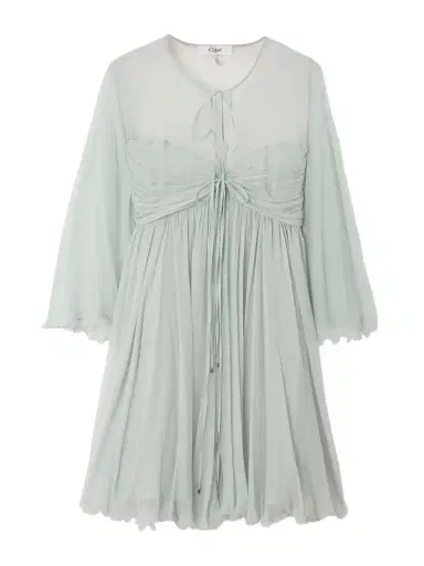 Chloé Tie-detailed Plissé-silk Mousseline Mini Dress | Thumbnail 1 Chloé Tie-detailed Plissé-silk Mousseline Mini Dress | Thumbnail 1