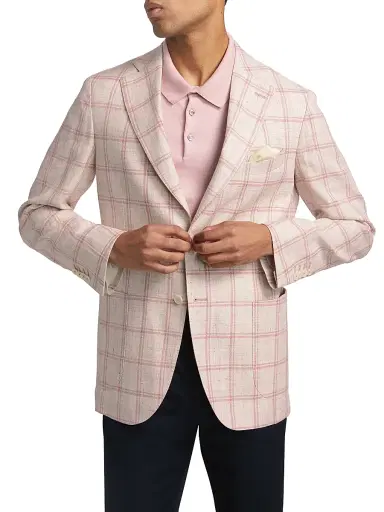 Saks Fifth Avenue Men's COLLECTION Windowpane Check Linen-Wool Single-Breasted Blazer - Pink - Size 46 | Thumbnail 3