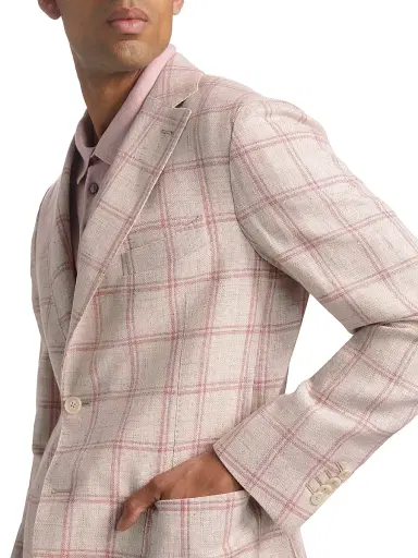 Saks Fifth Avenue Men's COLLECTION Windowpane Check Linen-Wool Single-Breasted Blazer - Pink - Size 46 | Thumbnail 6