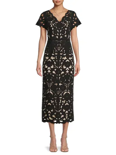 Shani Women's Floral Crepe Laser-Cut Midi-Dress - Black Beige | Thumbnail 3 Shani Women's Floral Crepe Laser-Cut Midi-Dress - Black Beige | Thumbnail 3