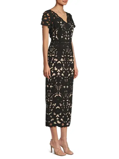 Shani Women's Floral Crepe Laser-Cut Midi-Dress - Black Beige | Thumbnail 4 Shani Women's Floral Crepe Laser-Cut Midi-Dress - Black Beige | Thumbnail 4