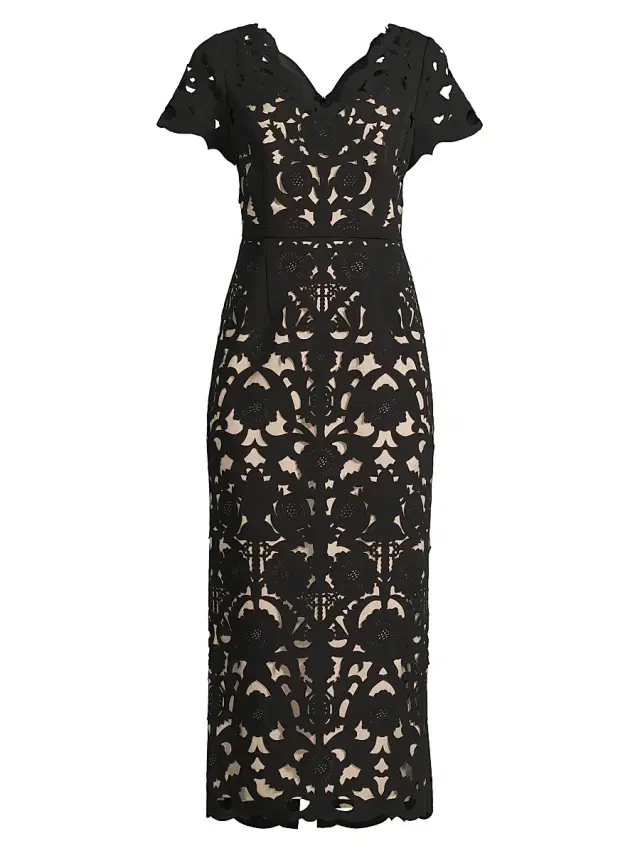 Shani Women's Floral Crepe Laser-Cut Midi-Dress - Black Beige