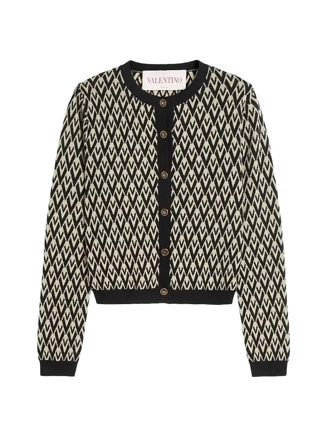 Valentino Garavani Women's Wool Cardigan with Toute La V Jacquard Pattern - Cream Black