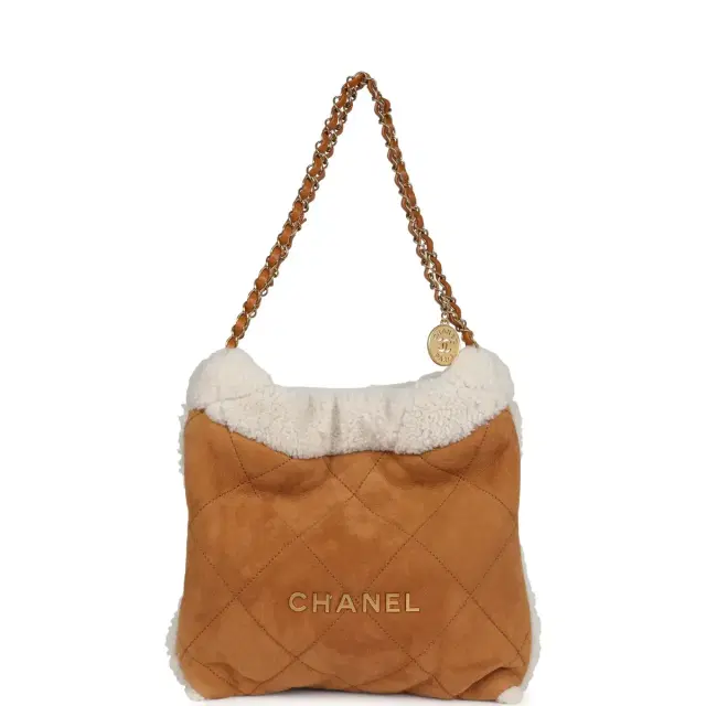 Chanel Small 22 Bag Tan/White Suede/Shearling Gold Hardware