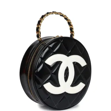 Chanel Vintage Chanel Round Vanity Bag Black and White Patent Leather Antique Gold Hardware | Thumbnail 2
