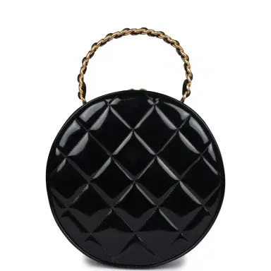 Chanel Vintage Chanel Round Vanity Bag Black and White Patent Leather Antique Gold Hardware | Thumbnail 4