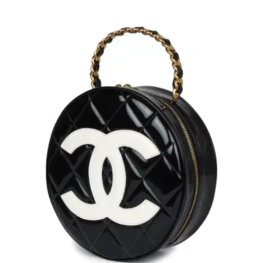 Chanel Vintage Chanel Round Vanity Bag Black and White Patent Leather Antique Gold Hardware | Thumbnail 5