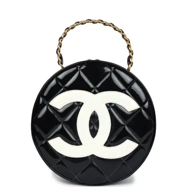 Chanel Vintage Chanel Round Vanity Bag Black and White Patent Leather Antique Gold Hardware | Thumbnail 1