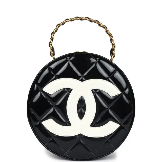 Chanel Vintage Chanel Round Vanity Bag Black and White Patent Leather Antique Gold Hardware