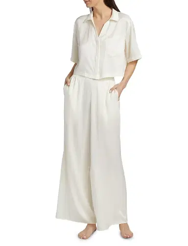 Lunya Women's Washable Silk High-Rise Pants 2-Piece Pajama Set - Tranquil White - Size XL | Thumbnail 2