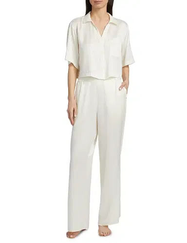 Lunya Women's Washable Silk High-Rise Pants 2-Piece Pajama Set - Tranquil White - Size XL | Thumbnail 3