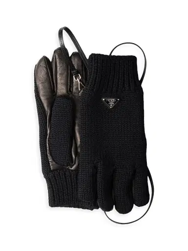 Prada Men's Wool and Nappa Leather Gloves - Black - Size 9 | Thumbnail 1