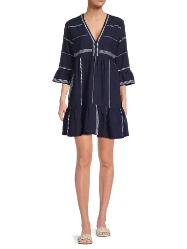 Lemlem Women's Hanna Bell-Sleeve Minidress - Navy - Size Large | Thumbnail 2 Lemlem Women's Hanna Bell-Sleeve Minidress - Navy - Size Large | Thumbnail 2